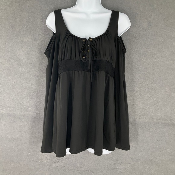 Womens Black Cold Shoulder Lace Up Tunic‎ Top Plus Size XL Milkmaid Peasant Boho - Picture 2 of 9